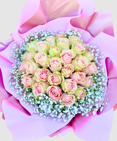Blushing Bouquet - 30 Roses Wrapped
