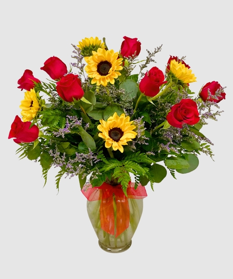 Super Deluxe Dozen Roses with Sunflowers - Choose Your Color