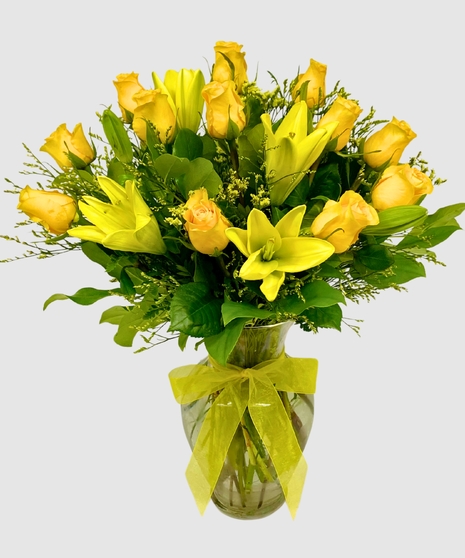 Yellow Dozen Roses with Lilies - Super Deluxe